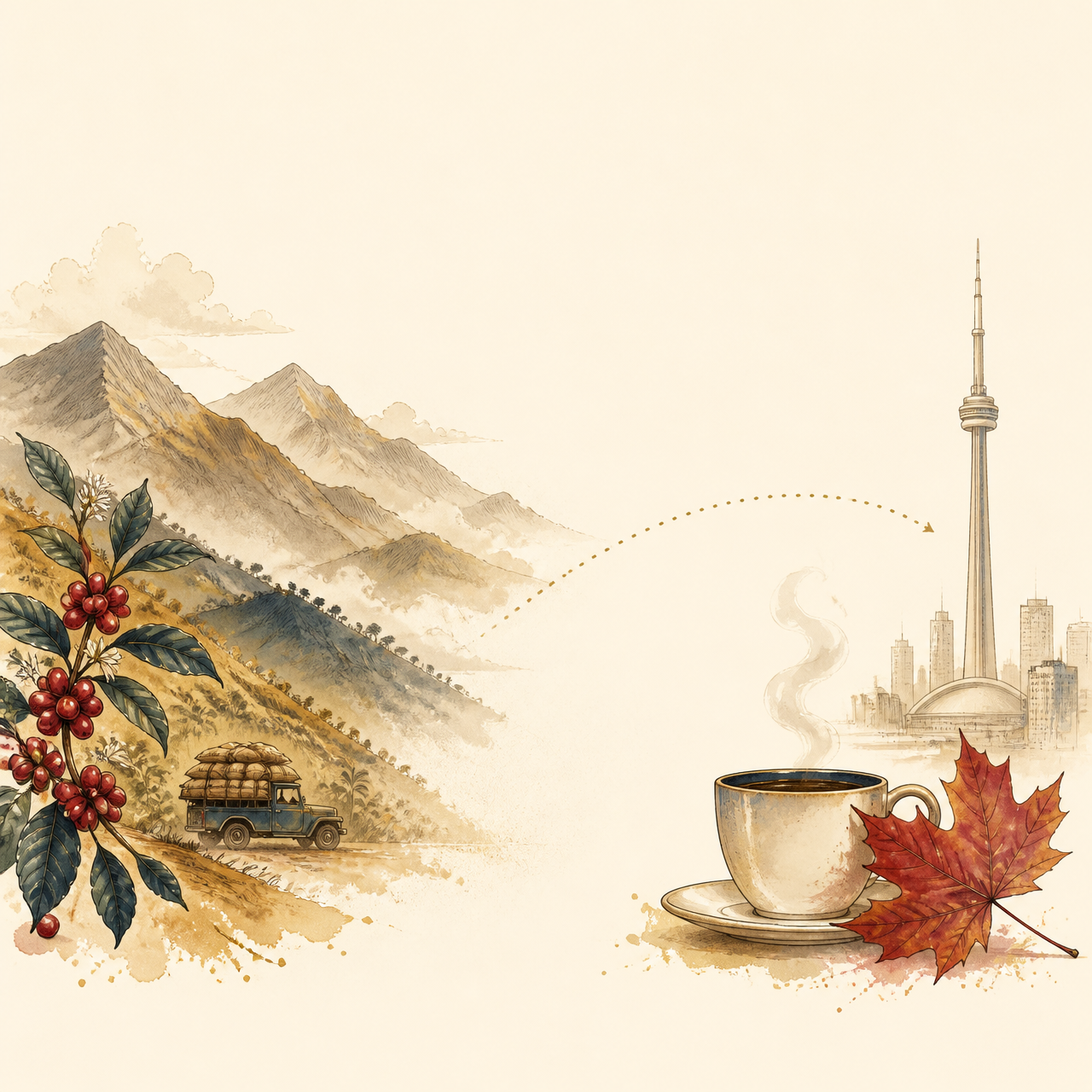 Illustration of the journey from Colombia's coffee mountains to Canada