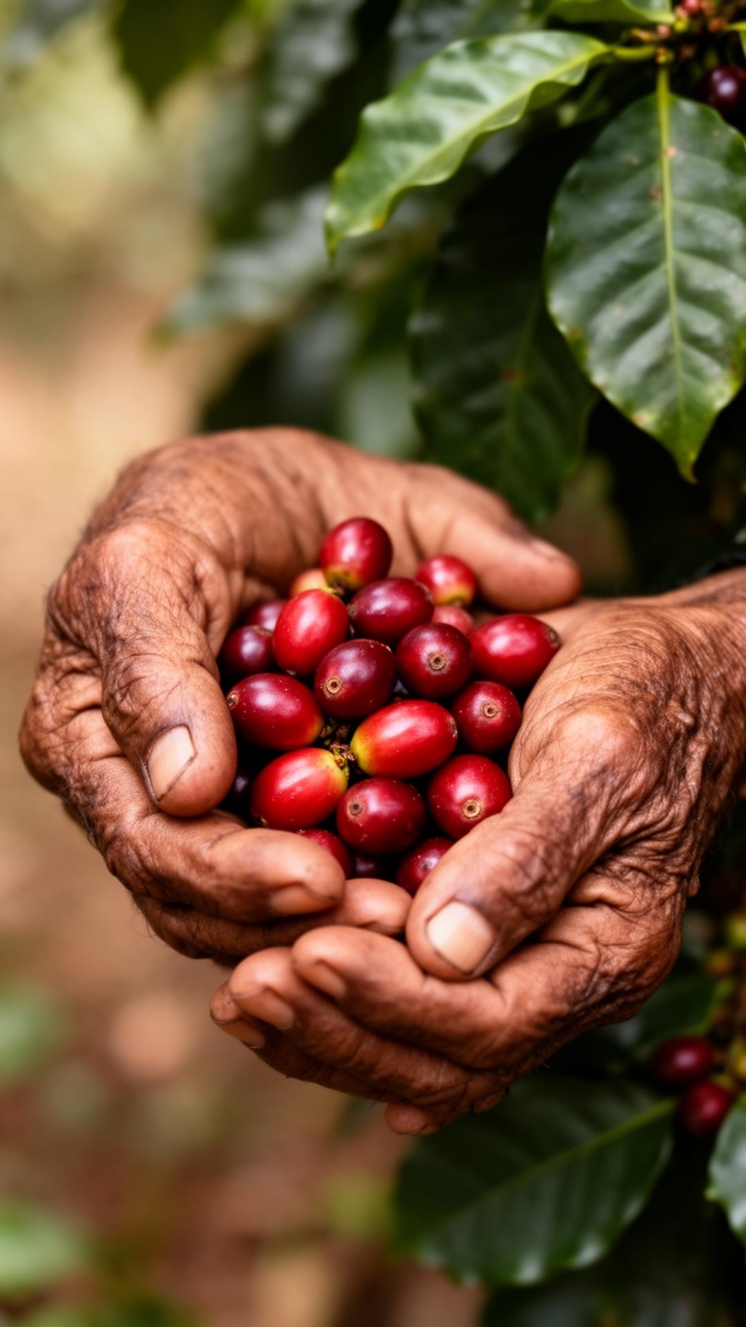 Hands cupping Colombian coffee cherries